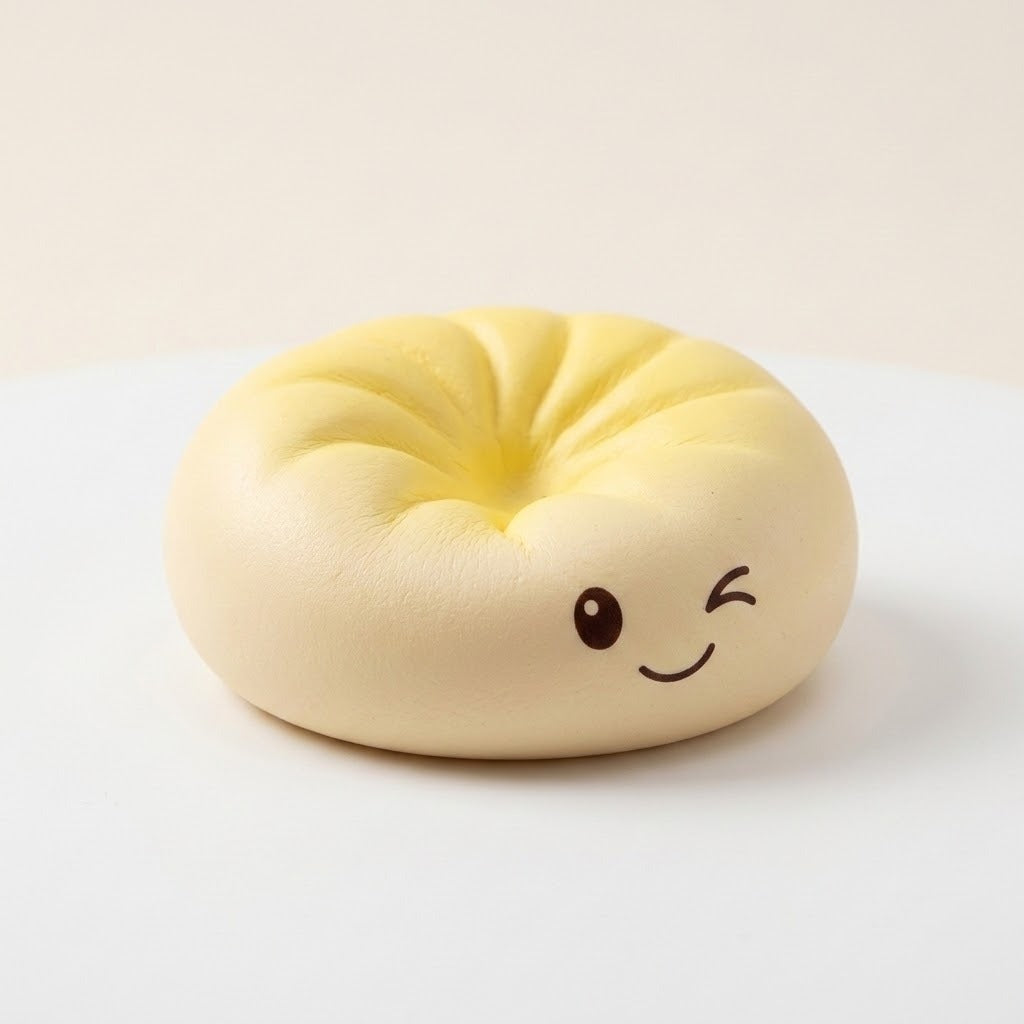 A pale yellow donut-shaped squishy toy with a winking face, photographed on a clean white surface against a light beige background.