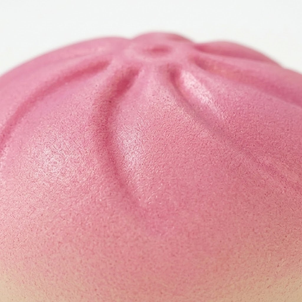 Close-up of a pink PU squishy toy showing its finely textured surface and pleated steamed-bun top against white.