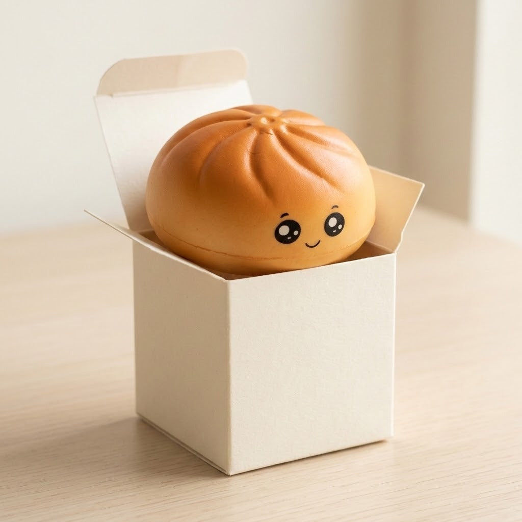 A round, bread-like orange-brown novelty toy or squishy with a cute face, sitting inside an open cream-colored cardboard box on a light wood surface.