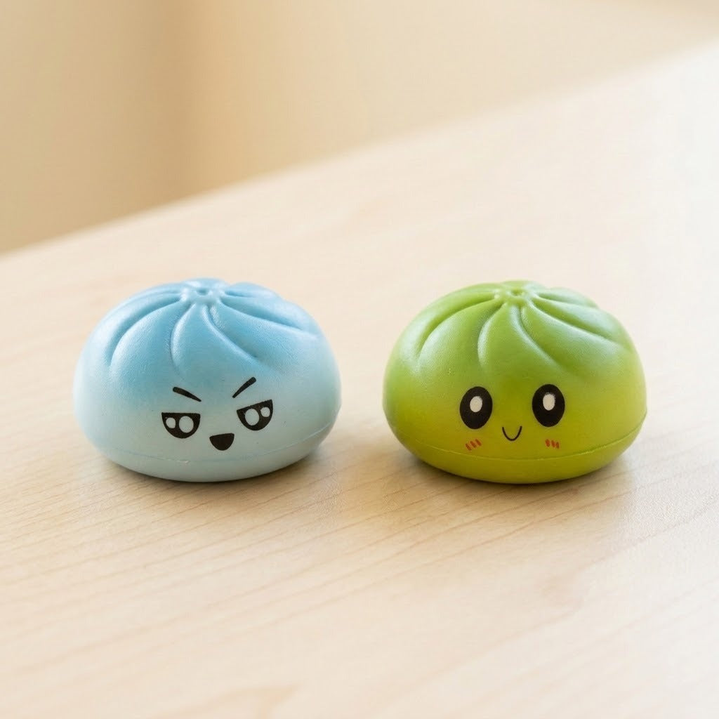 Blue and green steamed-bun squishy toys with cartoon expressions sit on a light wood tabletop in soft daylight.