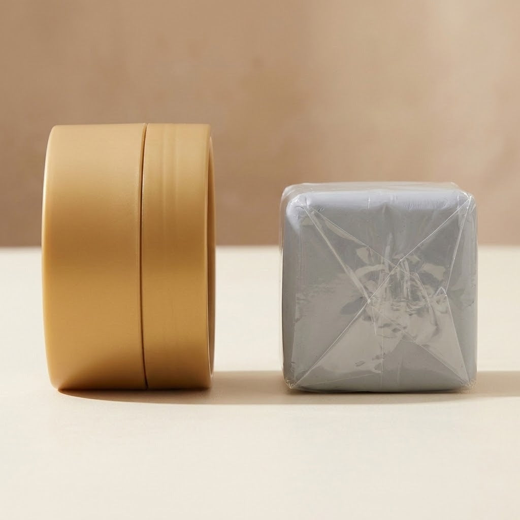 Squishy toy packaging styles sit on a cream tabletop: a golden round container standing on its edge and a gray wrapped box.