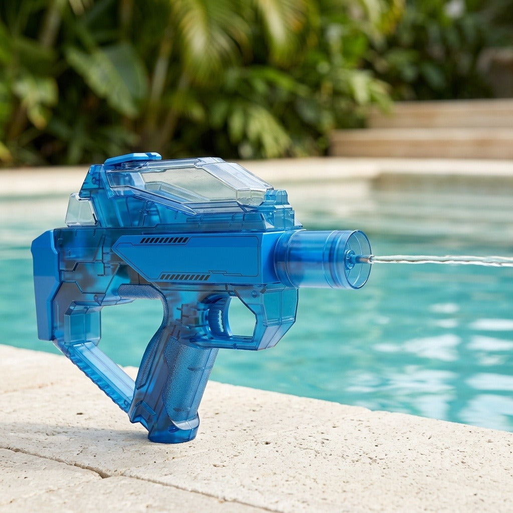 A translucent blue plastic electric water gun sprays water beside a swimming pool with blurred tropical greenery behind it.