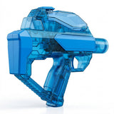 A translucent blue plastic electric water gun with a clear top tank and open rear frame stands against a white background.