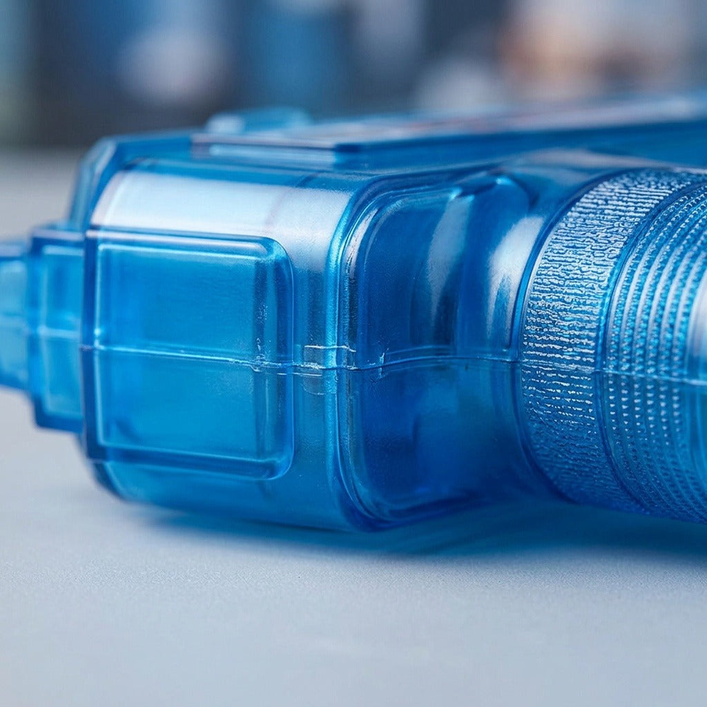 A close-up shows the translucent blue plastic body and textured grip of an electric water gun on a light gray surface.