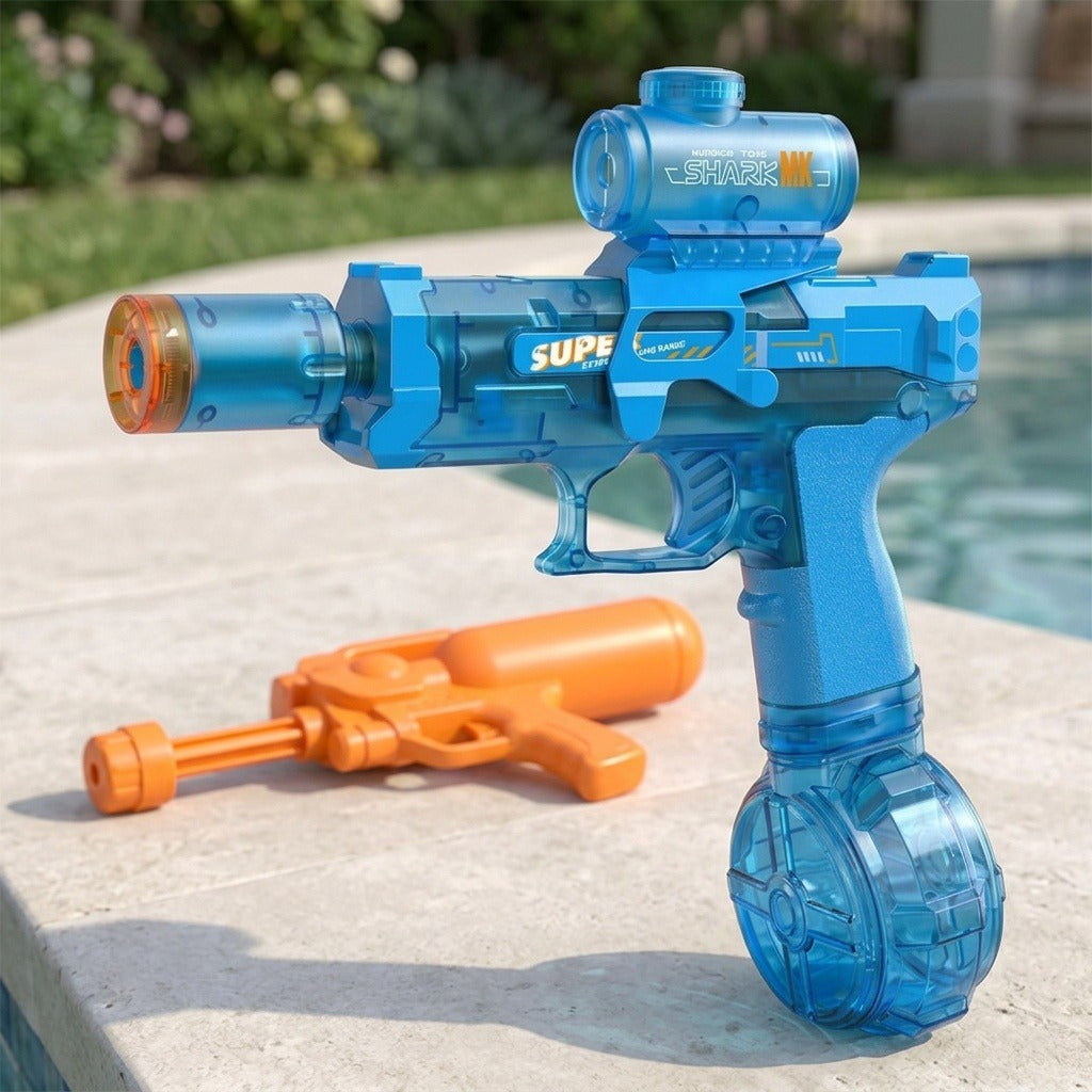 A translucent blue electric water gun with an orange barrel tip stands on poolside stone with an orange water toy behind it.