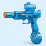 A translucent blue electric water gun with a cylindrical top tank, orange barrel tip, and round base stands against pale blue.