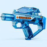 A translucent blue pistol-style electric water gun with a clear top tank and orange and white graphics stands against pale blue.