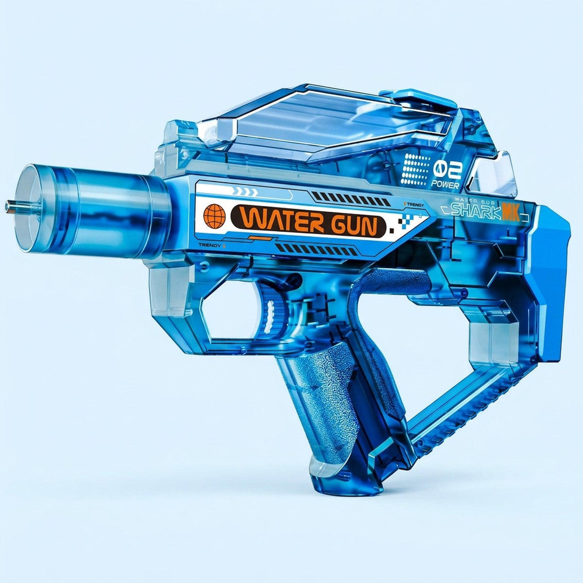 A translucent blue pistol-style electric water gun with a clear top tank and orange and white graphics stands against pale blue.