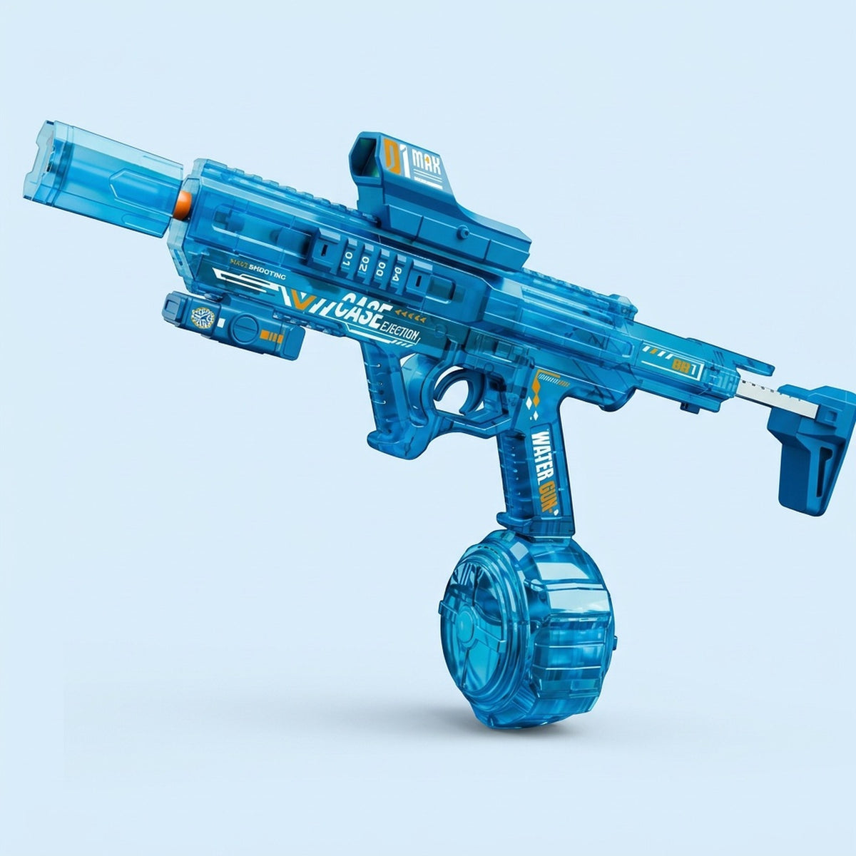 Translucent blue rifle-style electric water gun with a round drum tank and mounted sight against a light blue background.