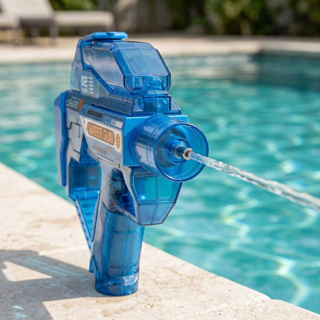 A blue electric water gun with a translucent plastic body sprays water toward the foreground beside a swimming pool.