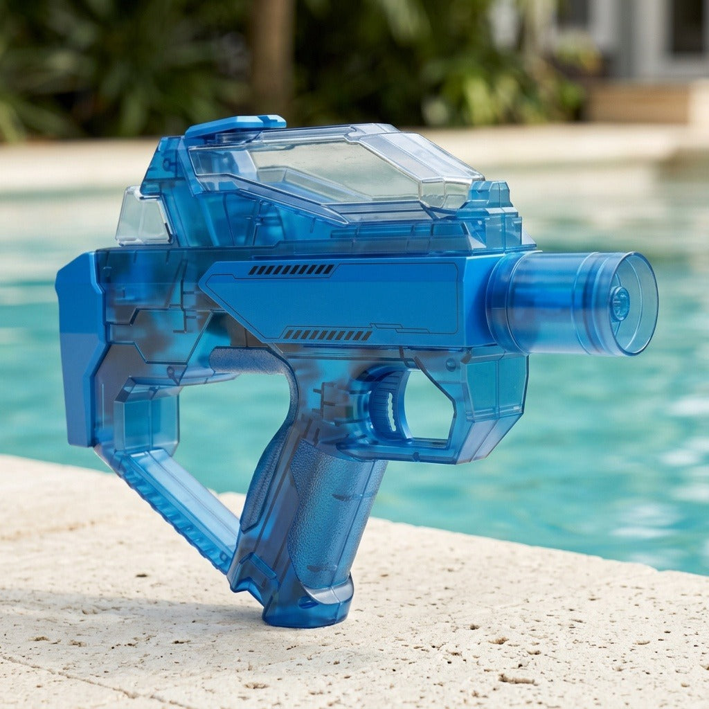 A translucent blue electric water gun stands beside a swimming pool, showing its clear top tank, cylindrical nozzle, and textured grip.