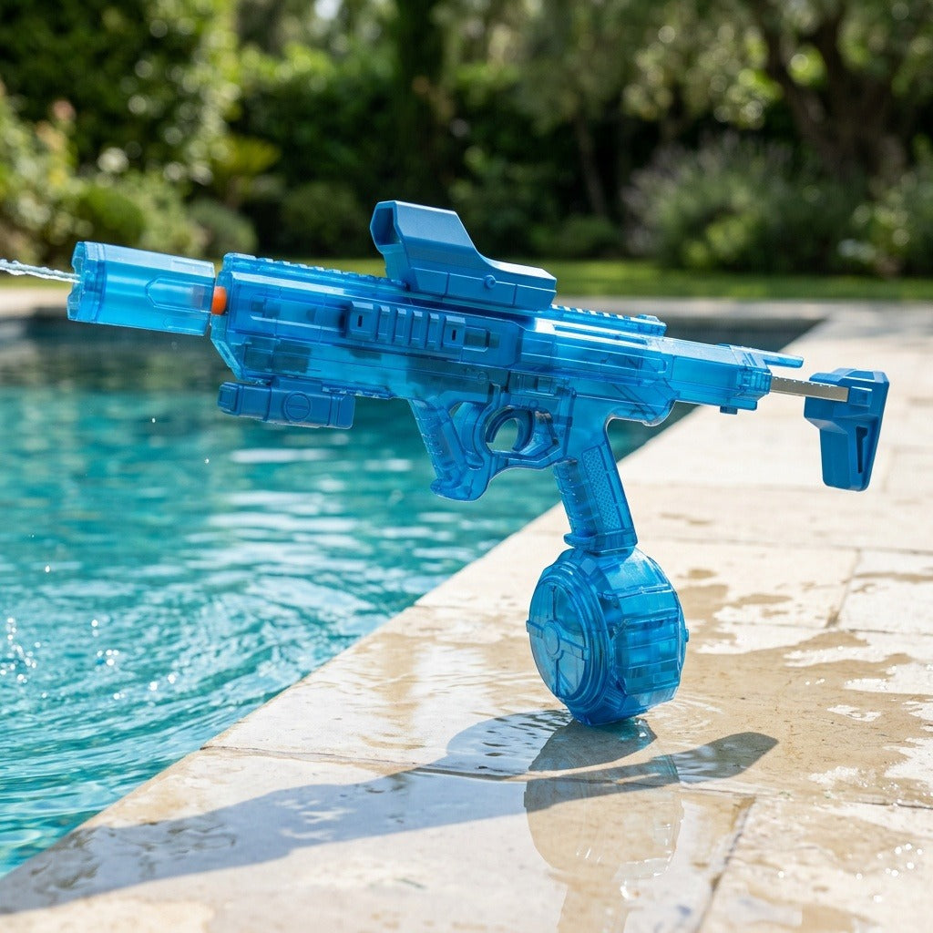 A translucent blue rifle-style electric water gun sprays water beside a swimming pool on a wet stone deck.