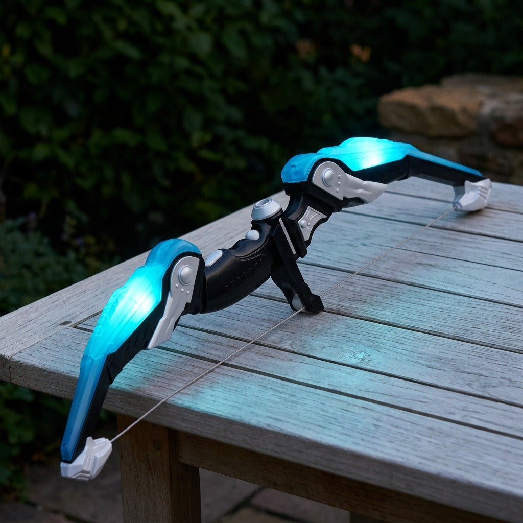 A toy archery set bow with glowing blue limbs and black and white details rests on a weathered wooden garden table.