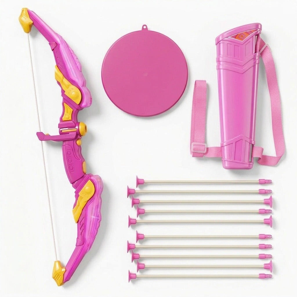 A pink and yellow toy archery set includes a bow, round target, quiver and ten suction cup arrows on a white background.