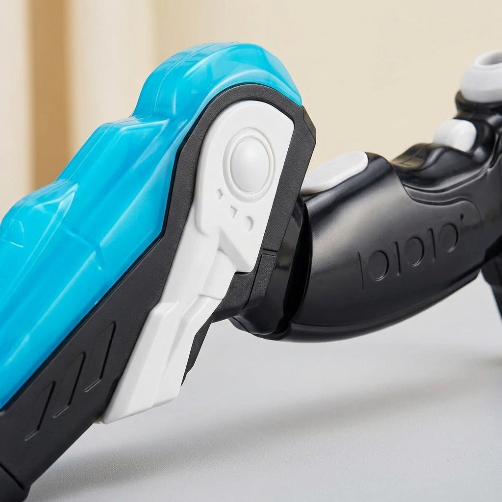 A close-up of the toy archery set bow shows blue, black and white molded plastic details against a cream background.