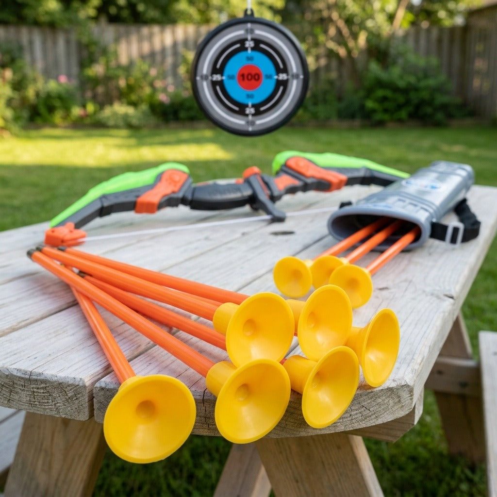 A toy archery set with orange arrows, yellow suction cups, gray quiver and green bow rests on a picnic table beneath a hanging target.