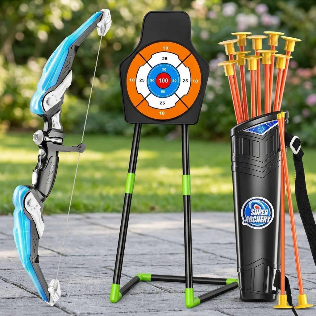 Toy archery set with blue bow, freestanding target, black quiver and yellow suction cup arrows on a stone patio against a garden background.