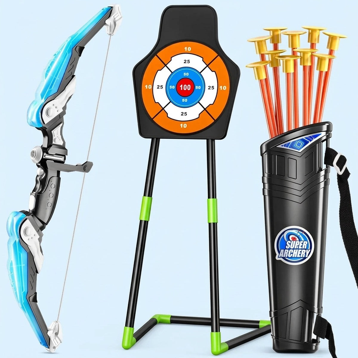 A toy archery set on a light blue background, including a blue and gray bow, a black target stand with an orange and blue target, a black quiver with orange arrows, and a visible 'Super Archery' logo on the quiver.
