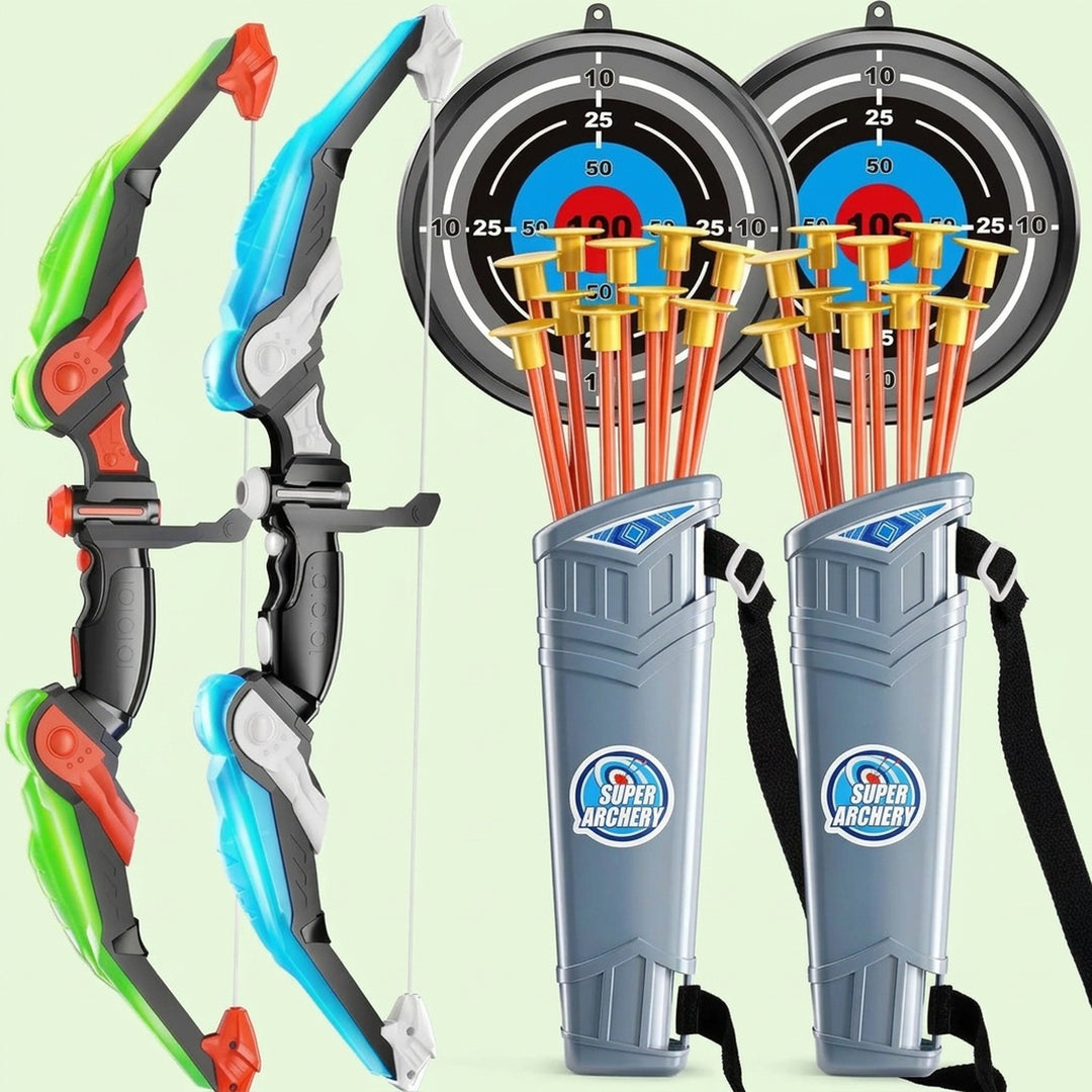 A toy archery set shown on a pale green background, including two plastic bows in green, blue, white, and red, two gray quiver cases with orange arrows, and two circular target boards. The quiver cases have 'SUPER ARCHERY' branding.