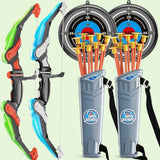 A toy archery set shown on a pale green background, including two plastic bows in green, blue, white, and red, two gray quiver cases with orange arrows, and two circular target boards. The quiver cases have 'SUPER ARCHERY' branding.