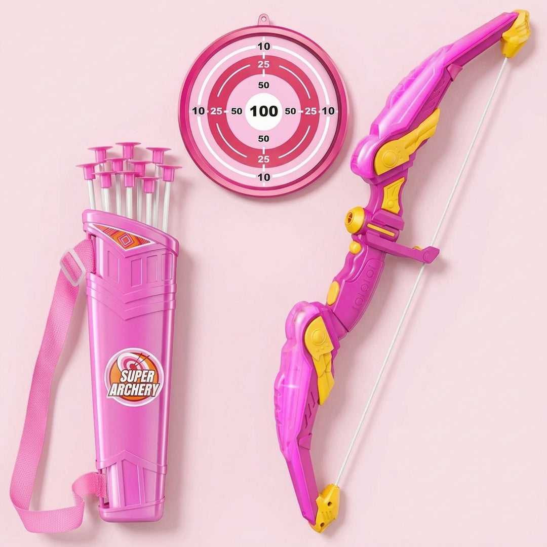 Pink and yellow toy bow and arrow set with a matching pink quiver carrying five arrows, shown on a light pink background. The quiver has a circular 'SUPER ARCHERY' logo.