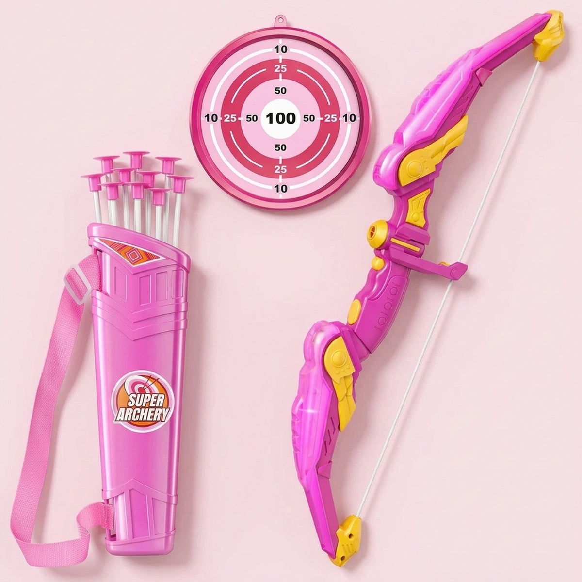 Pink and yellow toy bow and arrow set with a matching pink quiver carrying five arrows, shown on a light pink background. The quiver has a circular 'SUPER ARCHERY' logo.