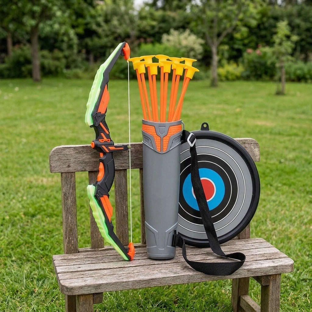 A green, orange and black toy archery set with arrows, gray quiver and round target sits on a wooden garden bench.