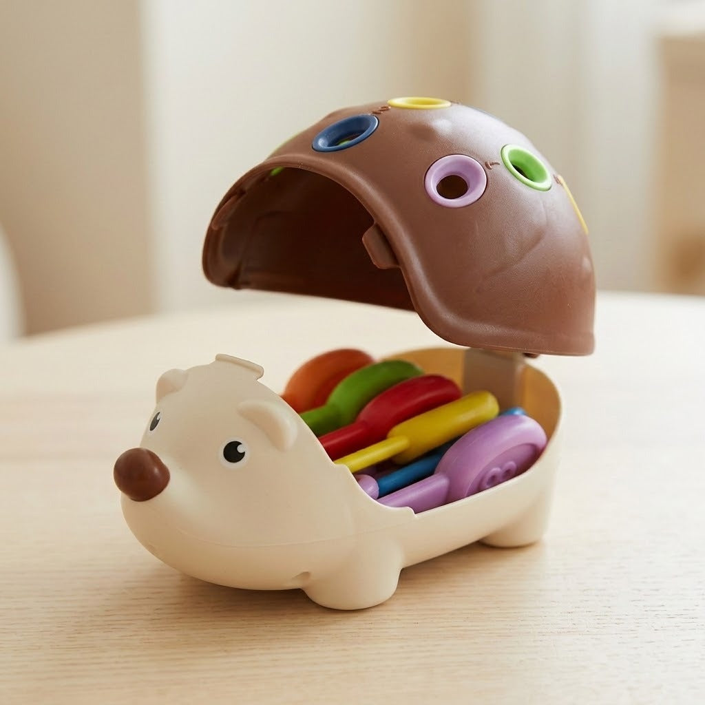 Cream hedgehog sensory toy sits on a wooden table with its brown shell lifted, revealing colorful pegs stored inside.