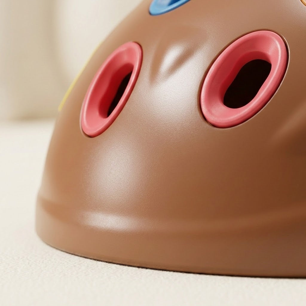 Close-up of the sensory toy’s brown shell shows red-rimmed holes and part of a blue rim against a cream background.