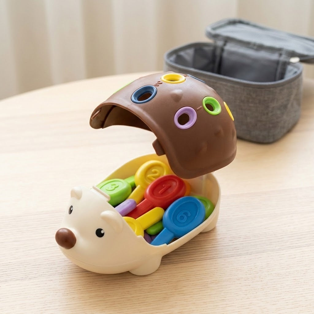 Cream hedgehog sensory toy has its brown shell raised above stored colorful pegs on a wooden table beside an open gray case.