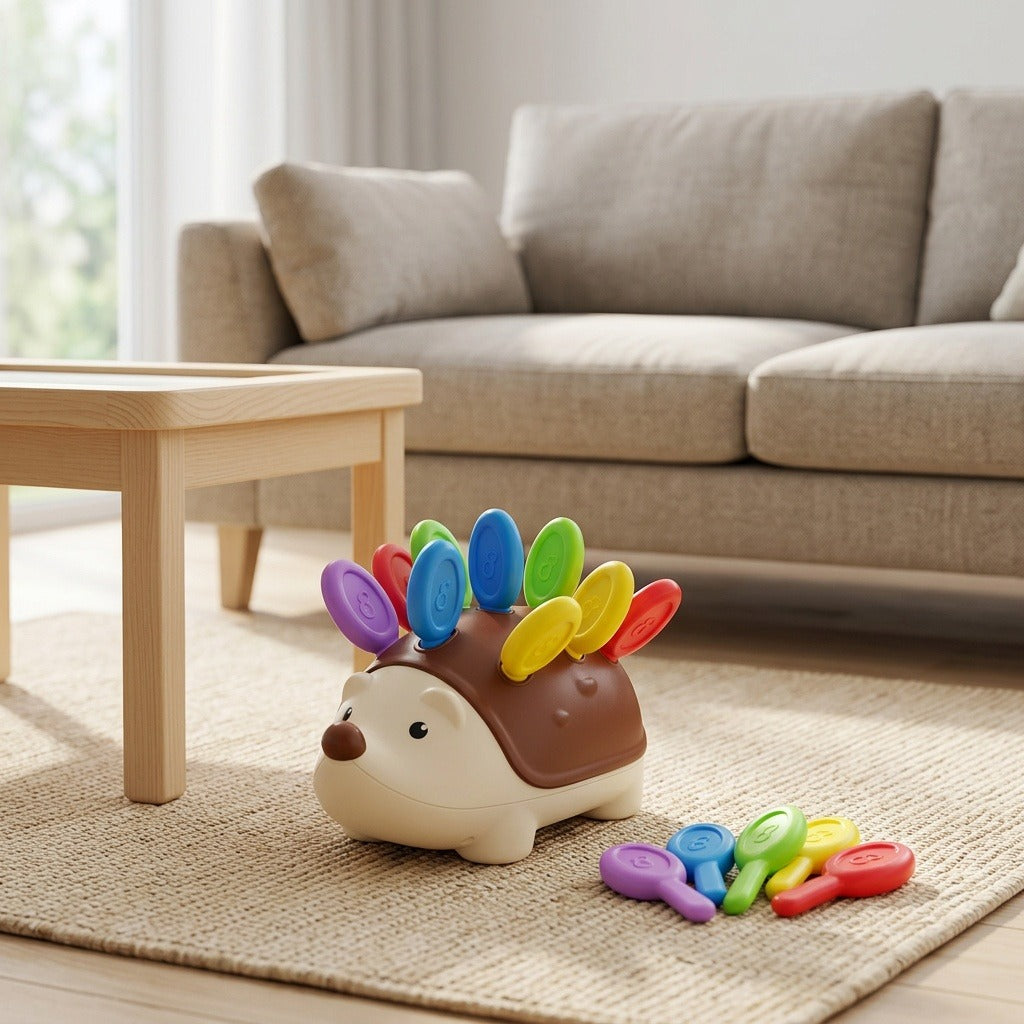 Brown and cream hedgehog sensory toy with colorful plastic pegs sits on a woven rug beside loose pegs, with a sofa behind.
