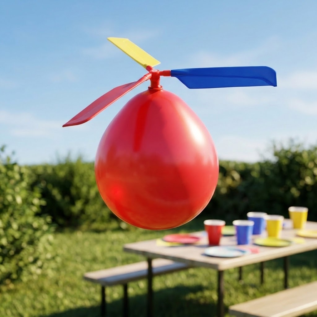 A red balloon shaped like a toy helicopter with red, blue, and yellow blades, photographed outdoors against a green garden and blue sky. A picnic table with cups and plates is blurred in the background.