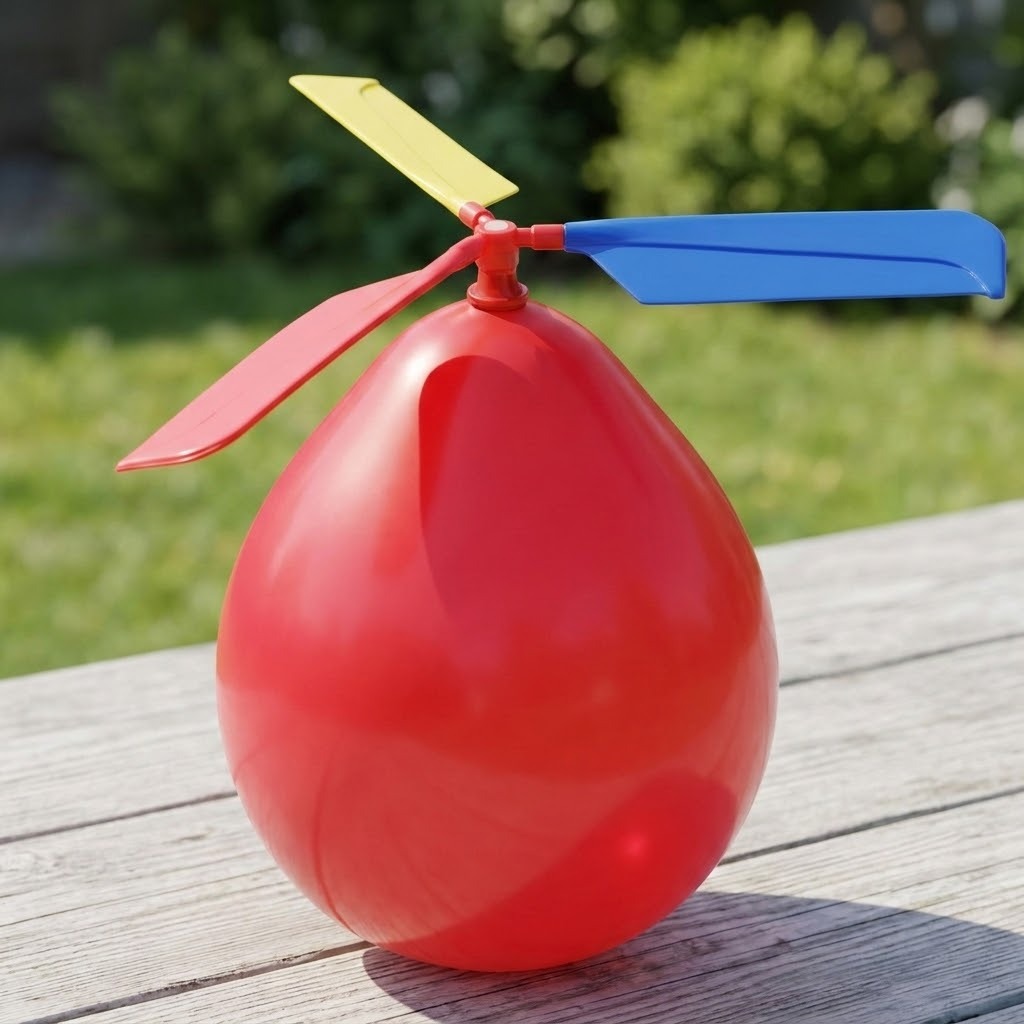 A red balloon toy helicopter with a yellow blade, blue blade, and red tail, sitting on a wooden table with a blurred green garden background.
