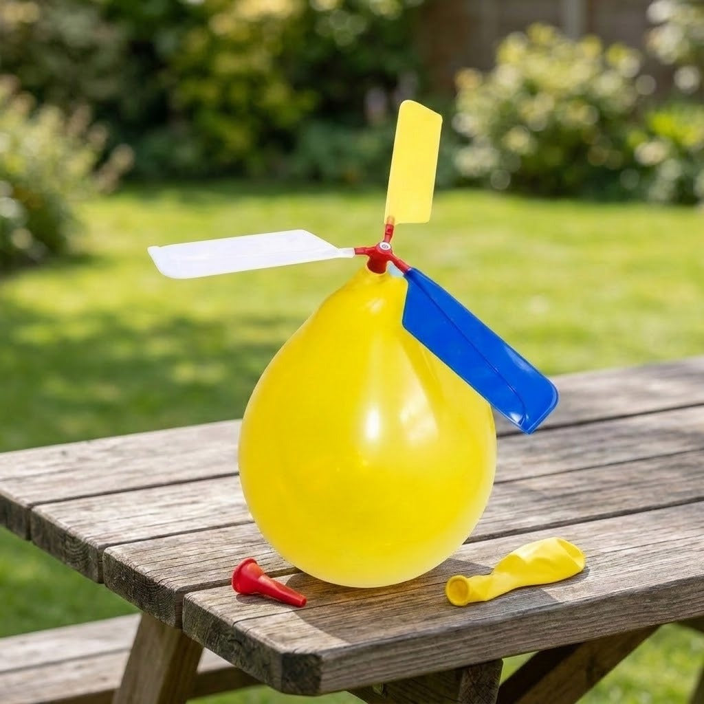 An assembled balloon helicopter set features an inflated yellow balloon and three colourful plastic blades on a wooden garden table.
