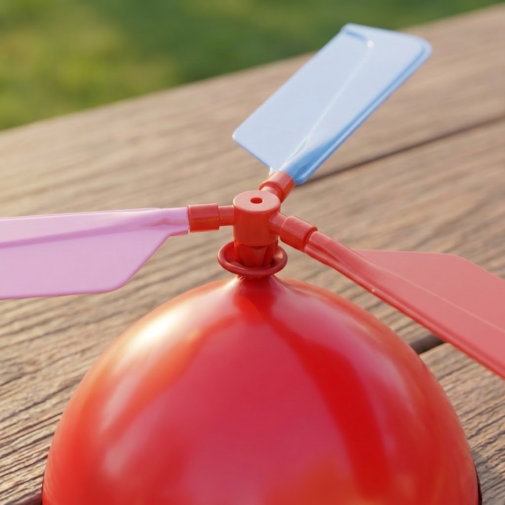 A balloon helicopter set close-up shows a red balloon beneath light blue, pink and coral plastic propeller blades on an outdoor wooden table.