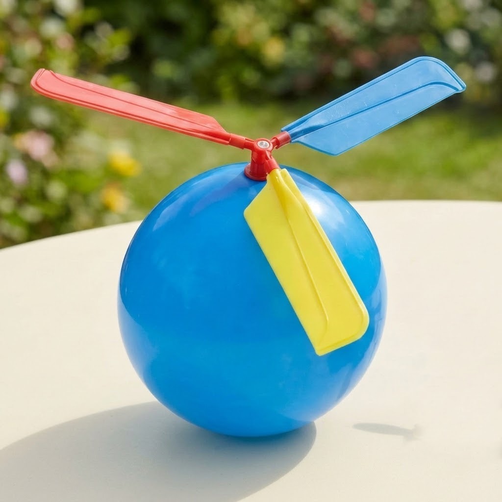 Blue balloon helicopter with red, blue and yellow plastic propeller paddles on a cream outdoor table against blurred green foliage.