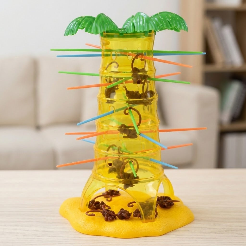 Board game with a translucent yellow plastic palm tree and hanging monkeys on a wooden table in a living room with a bookshelf.