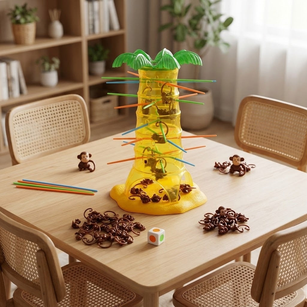 Falling Monkeys board game with a yellow plastic tree, colored sticks, brown monkeys and die on a wooden dining table.