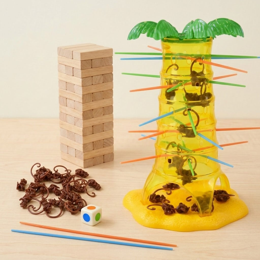 Falling Monkeys board game with a yellow plastic tree, colored sticks, brown monkeys and die beside a wooden block tower.