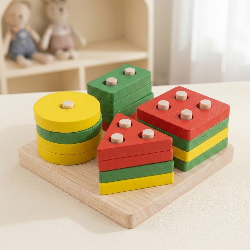 Colorful wooden stacking blocks for toddlers, including red, green, and yellow pieces, displayed on a light wooden tray.