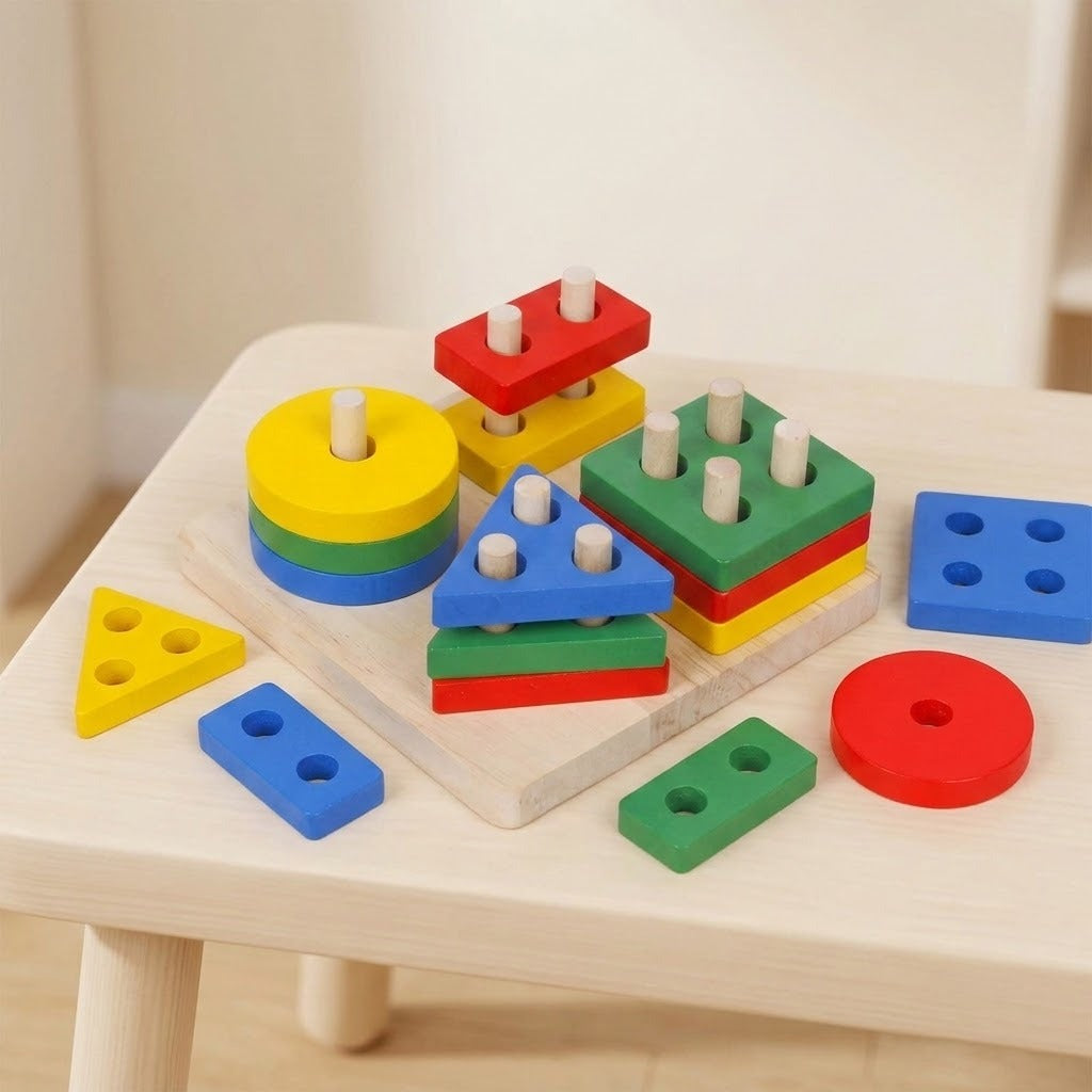 A colorful wooden shape-sorting toy set arranged on a small light wood table. The set includes round and geometric blocks in yellow, blue, green, red, and white pegs, with loose matching pieces around them.