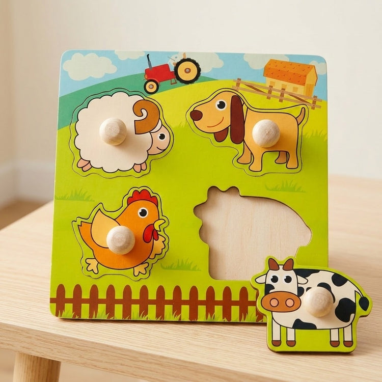 A colorful wooden farm-themed puzzle board with animal pieces and a cow piece placed in front, photographed on a light wood surface against a soft neutral background.