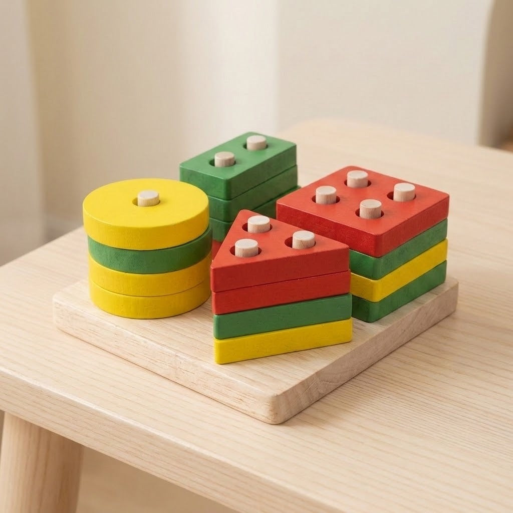 Wooden geometric stacking blocks for children, including yellow and green discs and red, green, and yellow triangular pieces, displayed on a light wooden tray on a wooden table.