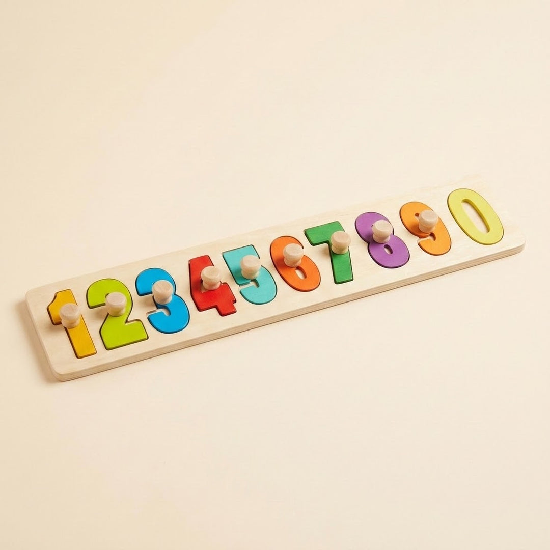 Wooden educational toy featuring colorful number puzzle pieces from 1 through 0 with natural wood knobs on a rectangular board against a beige background.