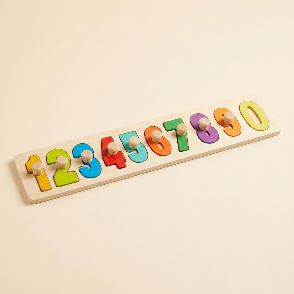 Wooden educational toy featuring colorful number puzzle pieces from 1 through 0 with natural wood knobs on a rectangular board against a beige background.