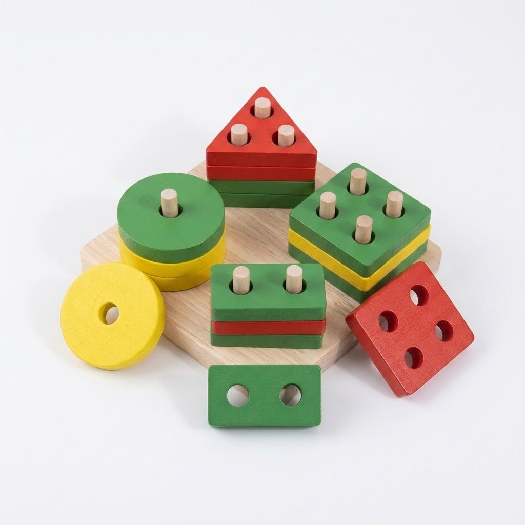 A set of colorful wooden nesting shape-sorting blocks for toddlers, featuring red, green, and yellow pieces with natural wood pegs, displayed on a light wooden tray against a white background.