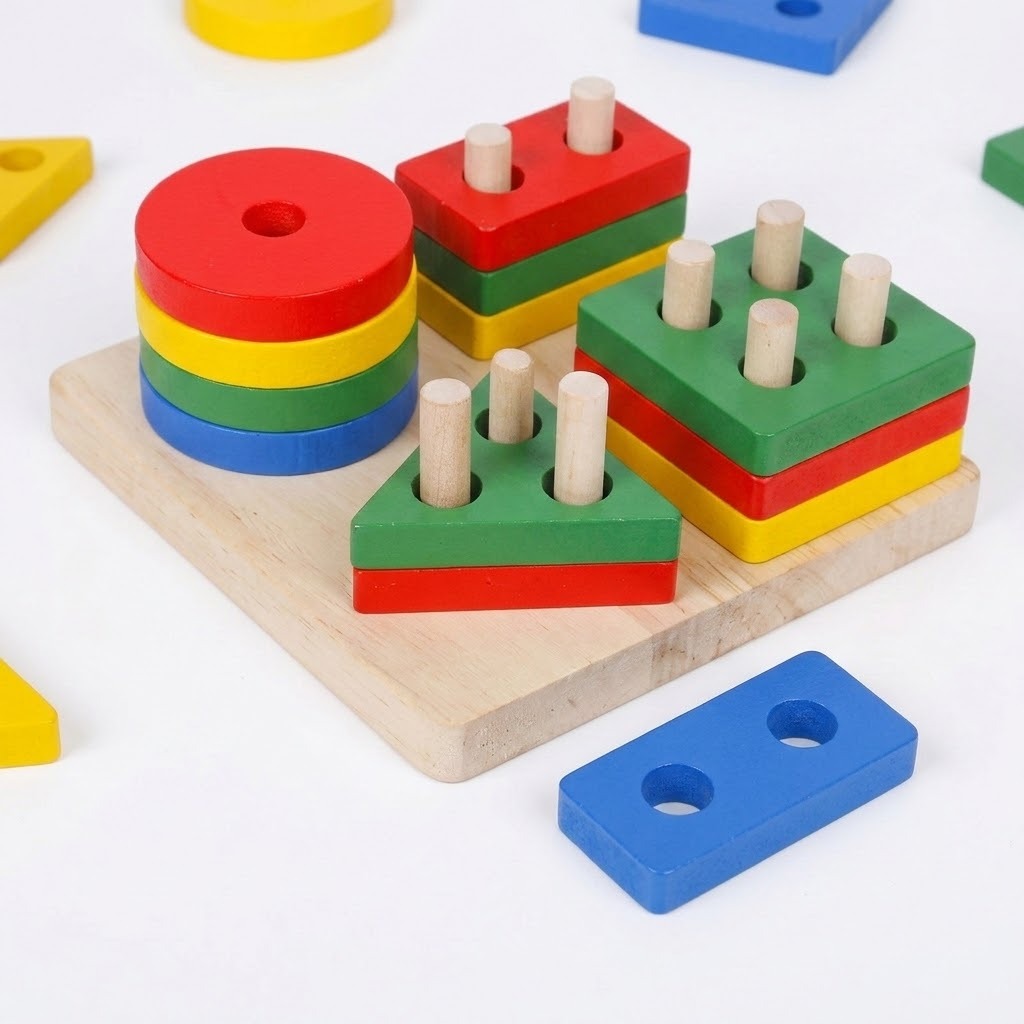 A colorful wooden children's shape-sorting toy set on a white background, featuring stacked round and square peg blocks in red, yellow, green, and blue on a natural wood base, with a separate blue rectangular piece nearby.