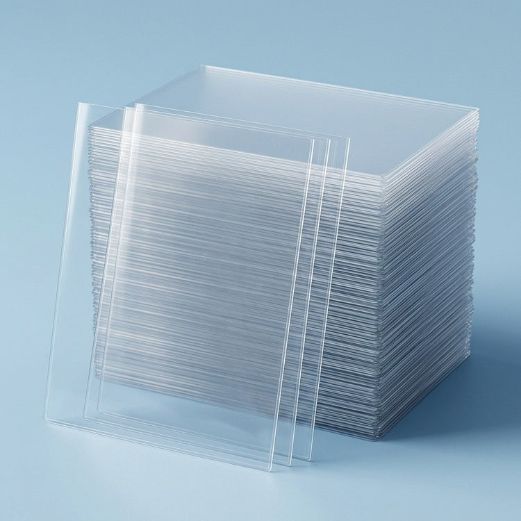 Clear card sleeves are stacked on a light blue background, with several individual sleeves leaning against the front.