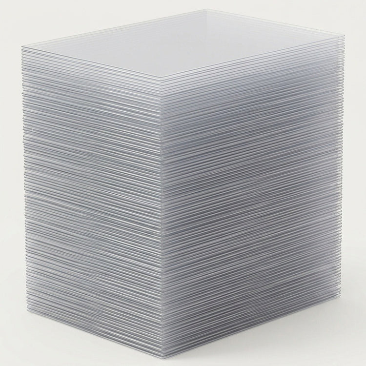 Clear card sleeves form a tall, neatly aligned stack on a plain off-white background.
