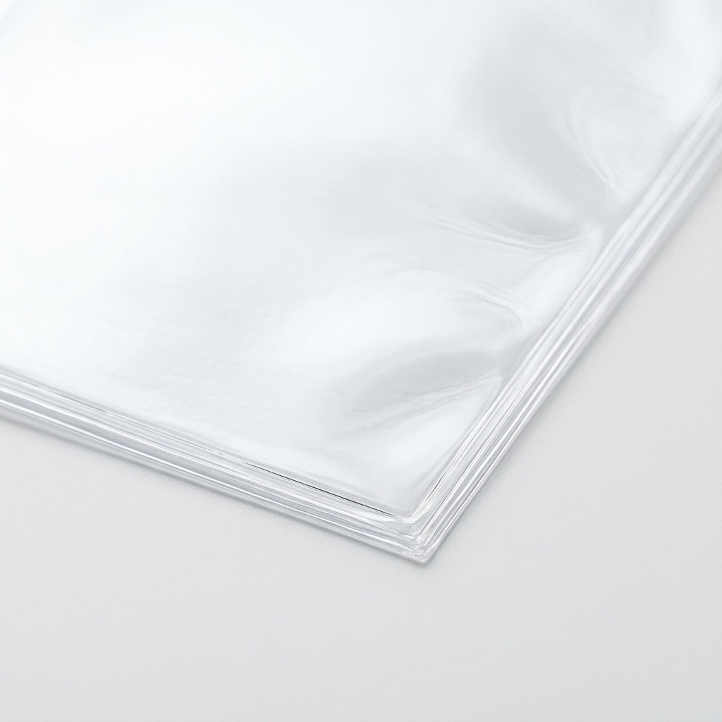 Clear card sleeves show thin layered edges and glossy corners in a close-up against a pale background.